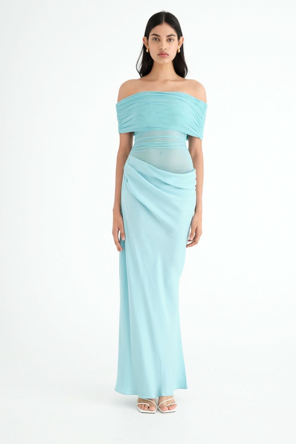 Light blue off-shoulder maxi dress with draped waist and gathered fabric