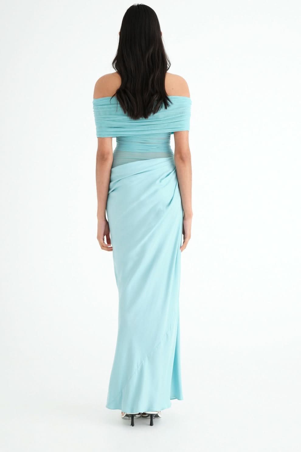 Back view of turquoise off-shoulder maxi dress with draped fabric