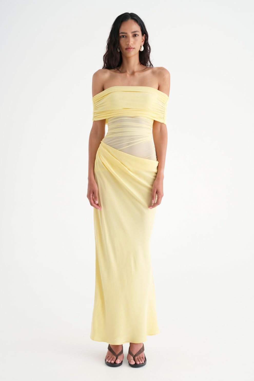 Yellow off-shoulder maxi dress with ruched bodice and side wrap detail