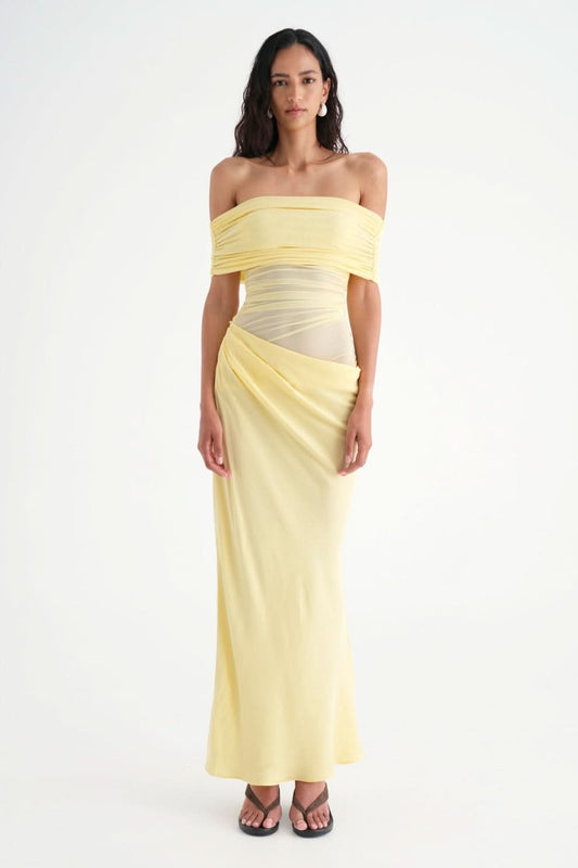 Yellow off-shoulder maxi dress with ruched bodice and side wrap detail