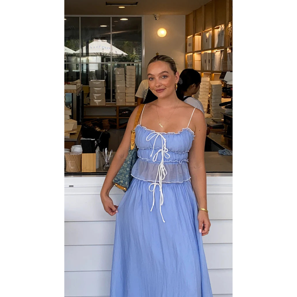 Periwinkle blue maxi skirt set with tiered ruching and white drawstring details