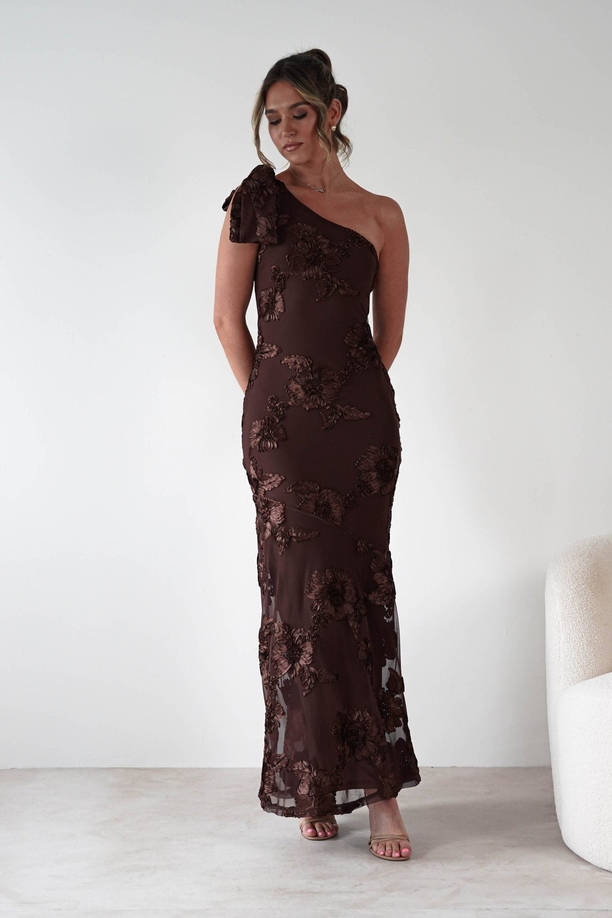 LOREDANA | ONE SHOULDER FLORAL MAXI DRESS - Brown Floral