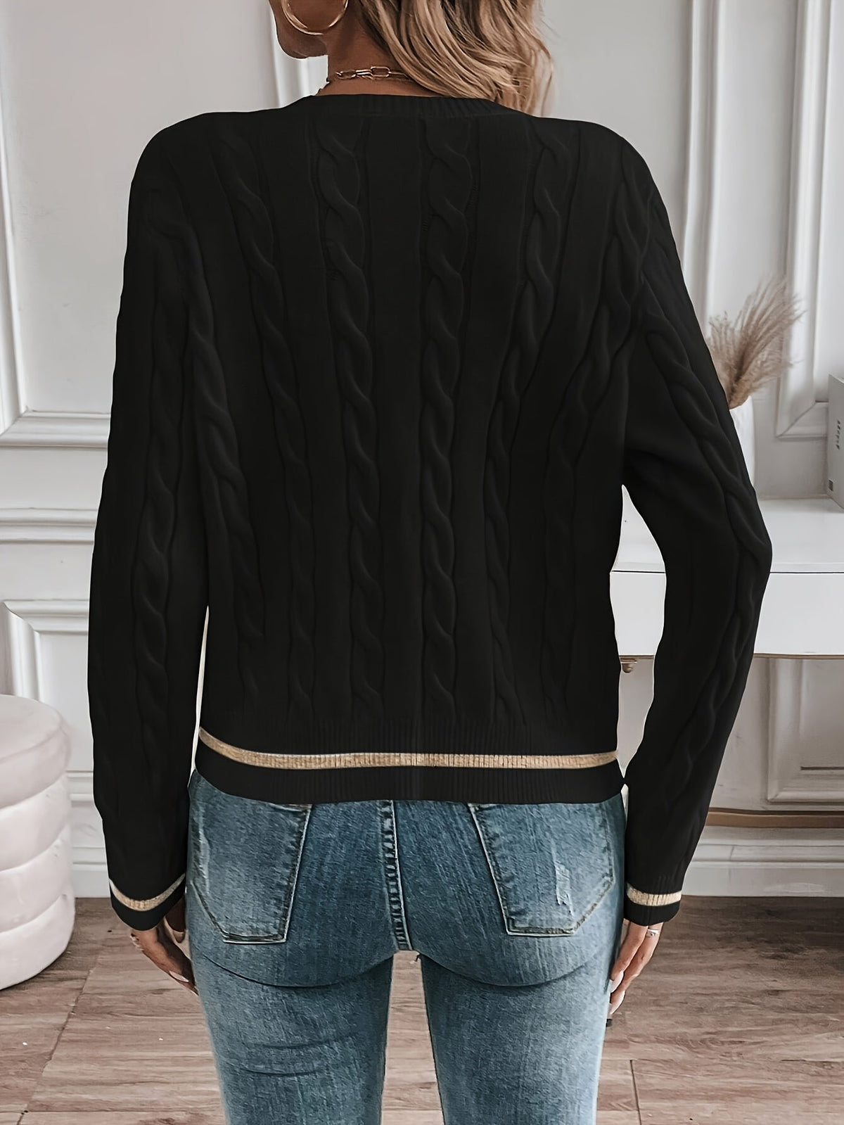 LORELLE | CONTRAST TRIM CABLE KNIT CARDIGAN - Black