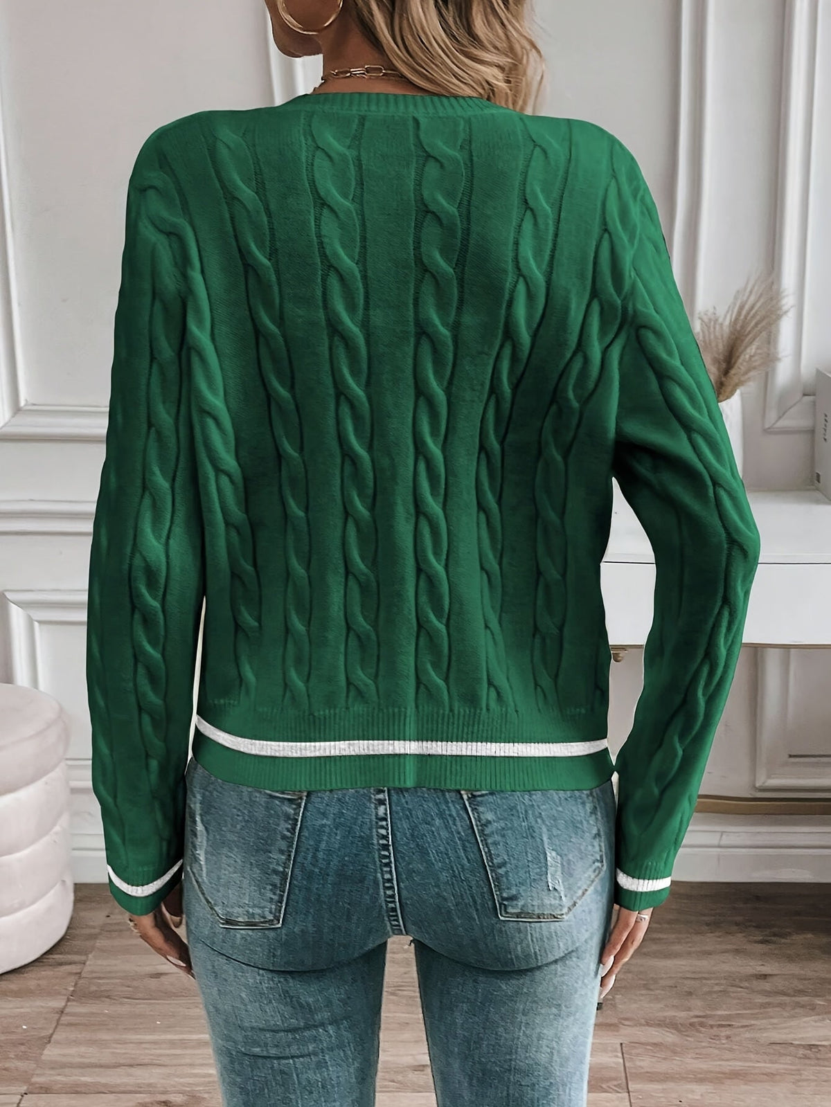 LORELLE | CONTRAST TRIM CABLE KNIT CARDIGAN - Green