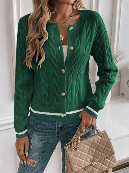 LORELLE | CONTRAST TRIM CABLE KNIT CARDIGAN - Green