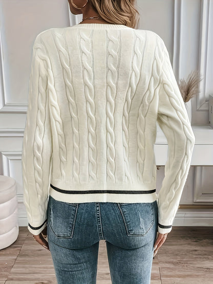 LORELLE | CONTRAST TRIM CABLE KNIT CARDIGAN - Ivory