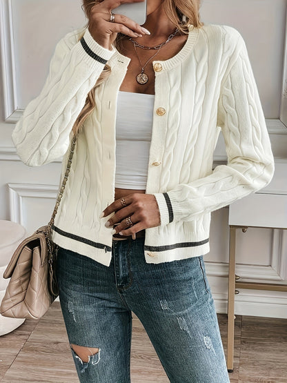 LORELLE | CONTRAST TRIM CABLE KNIT CARDIGAN - Ivory