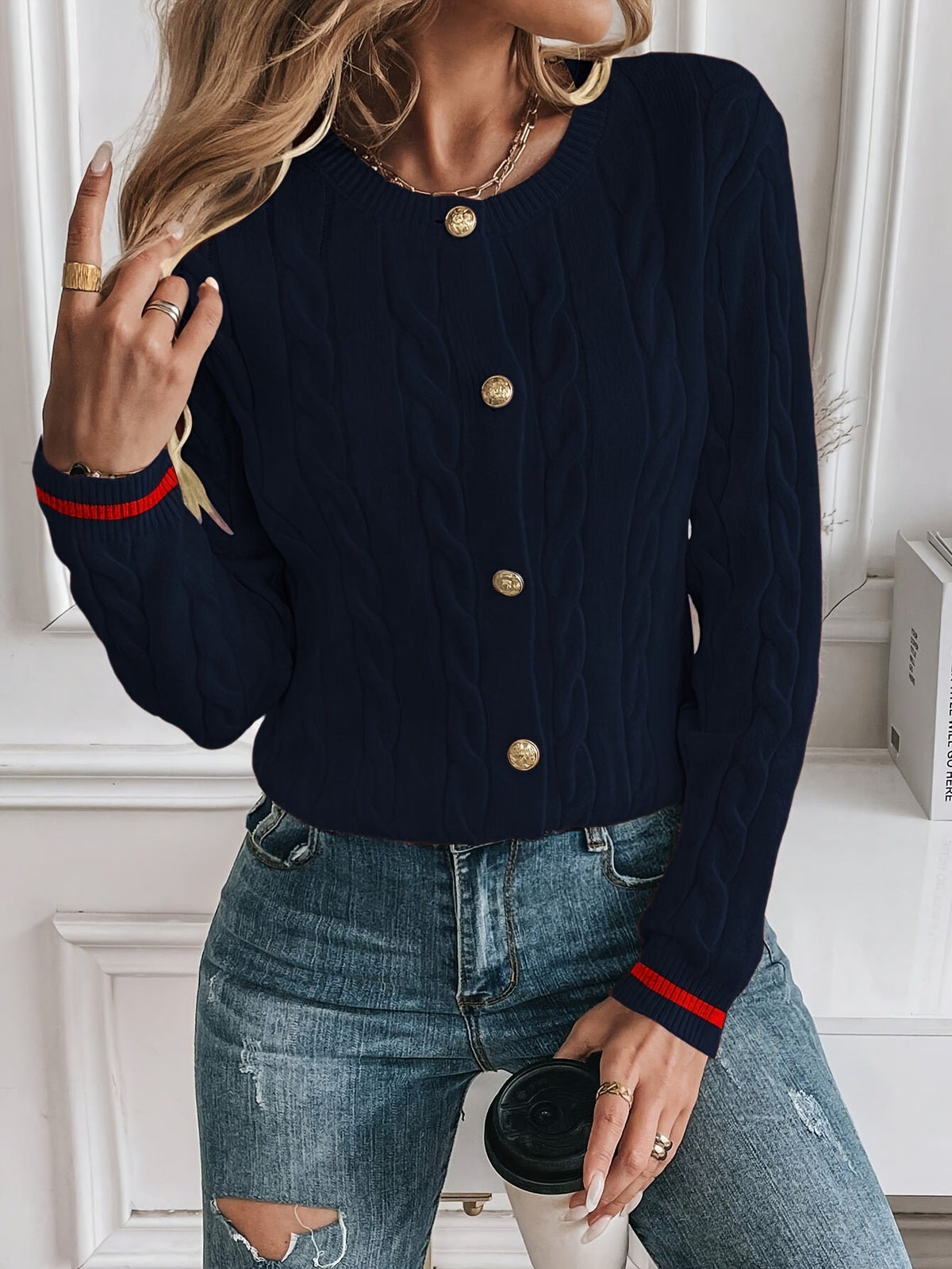 LORELLE | CONTRAST TRIM CABLE KNIT CARDIGAN - Navy