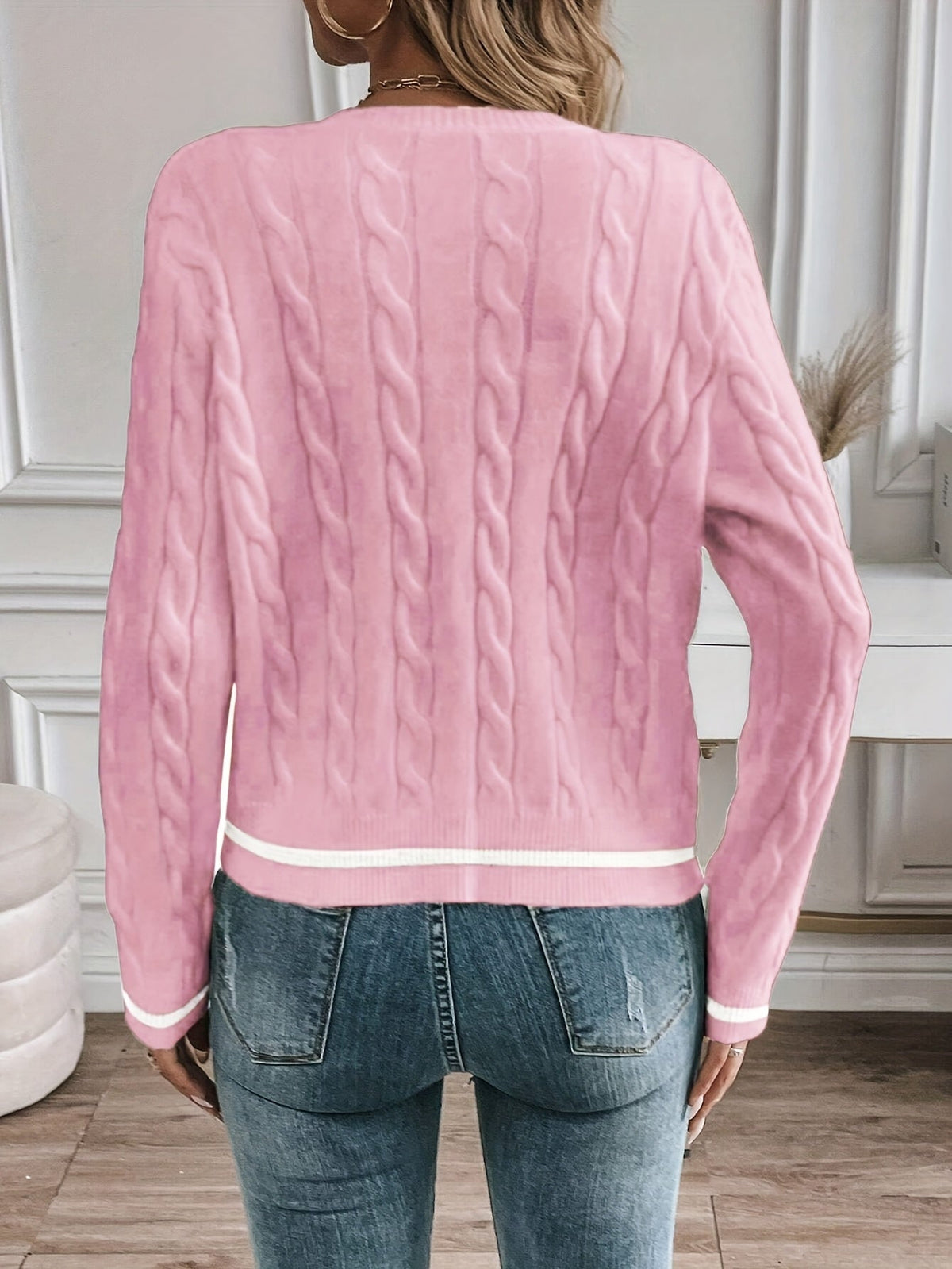 LORELLE | CONTRAST TRIM CABLE KNIT CARDIGAN - Pink