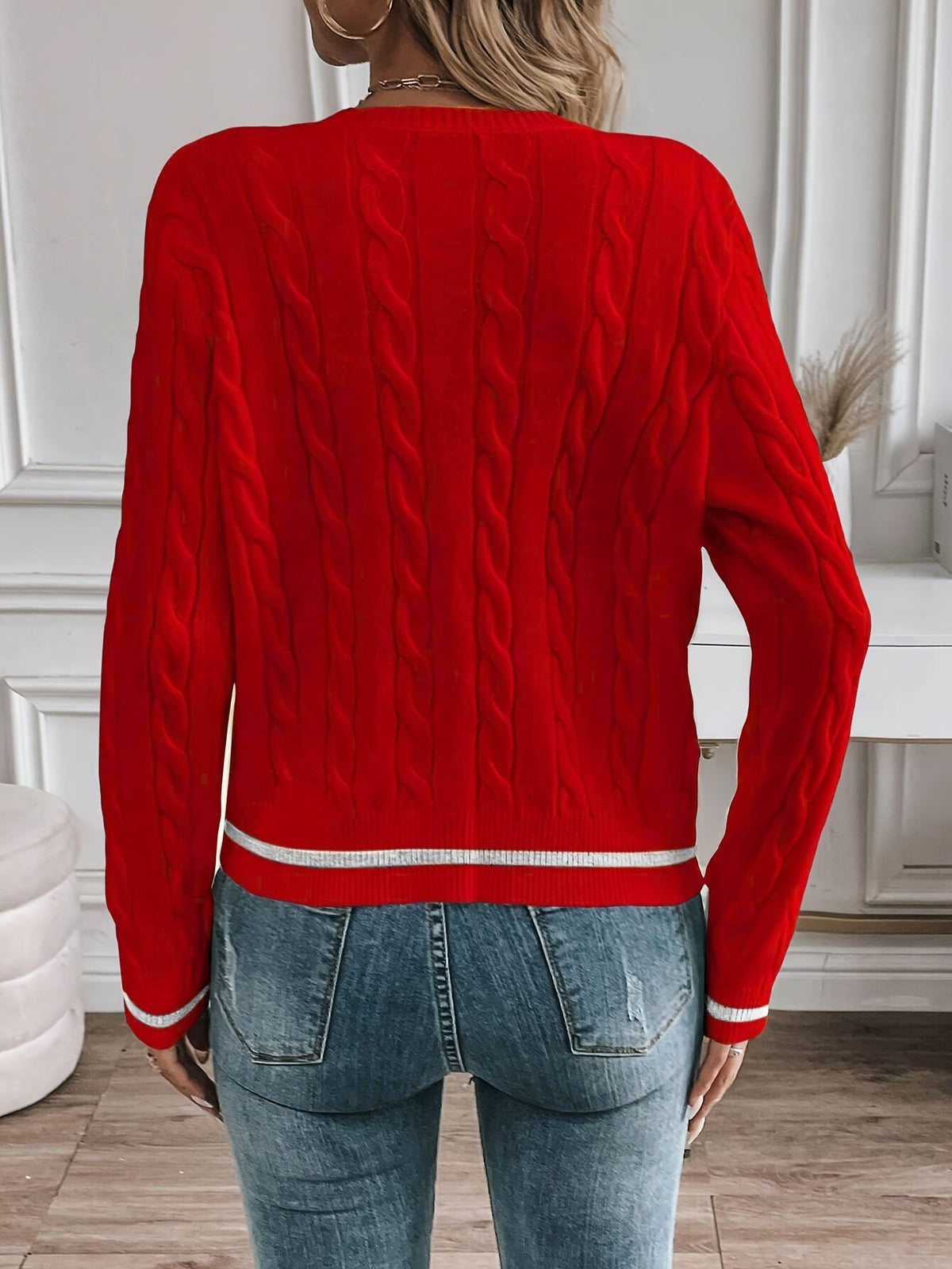 LORELLE | CONTRAST TRIM CABLE KNIT CARDIGAN - Red