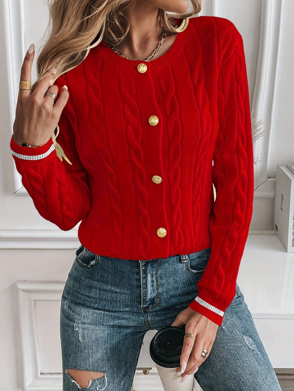 LORELLE | CONTRAST TRIM CABLE KNIT CARDIGAN - Red