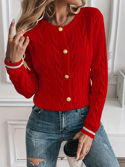 LORELLE | CONTRAST TRIM CABLE KNIT CARDIGAN - Red