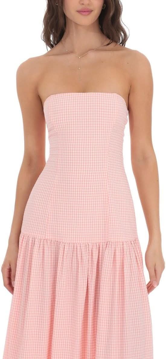 Close-up of strapless bodice and upper skirt on pink gingham maxi dress for women