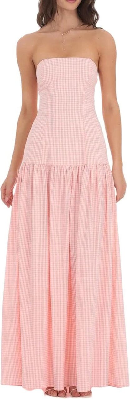 Front angle view of pink gingham strapless maxi dress with A-line skirt for women