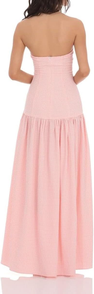 Back view of strapless pink gingham maxi dress showing open back design for women