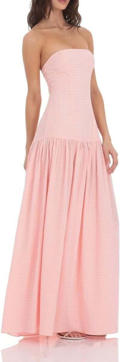 Pink gingham strapless maxi dress with fitted bodice and flowing skirt for women
