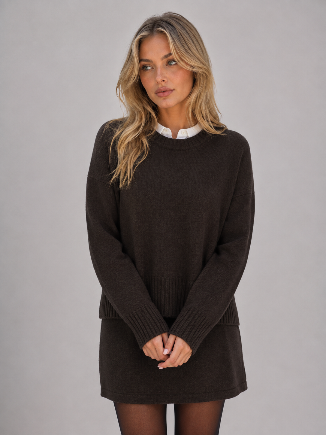 LORNA | TWO-PIECE KNIT SWEATER SKIRT SET - Brown