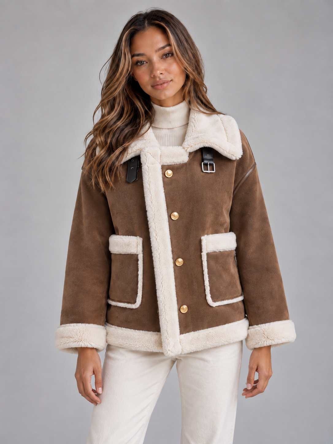 LOVEDAY | BUTTON FRONT FAUX SHEARLING JACKET - Brown