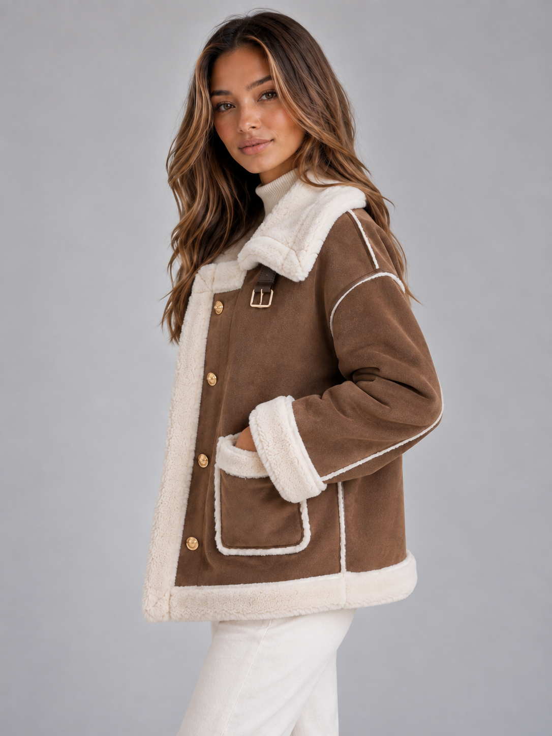 LOVEDAY | BUTTON FRONT FAUX SHEARLING JACKET - Brown