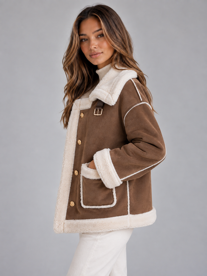 LOVEDAY | BUTTON FRONT FAUX SHEARLING JACKET - Brown