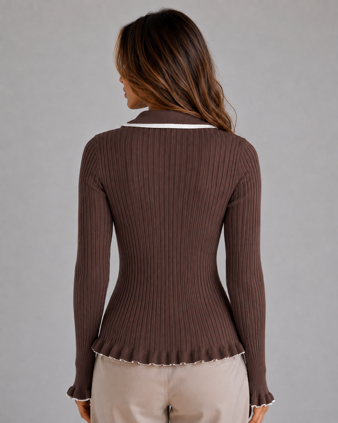 LOVINA | RIBBED POLO FITTED SWEATER - Brown
