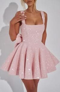 Pink sequin fit-and-flare mini dress with square neckline and sleeveless design
