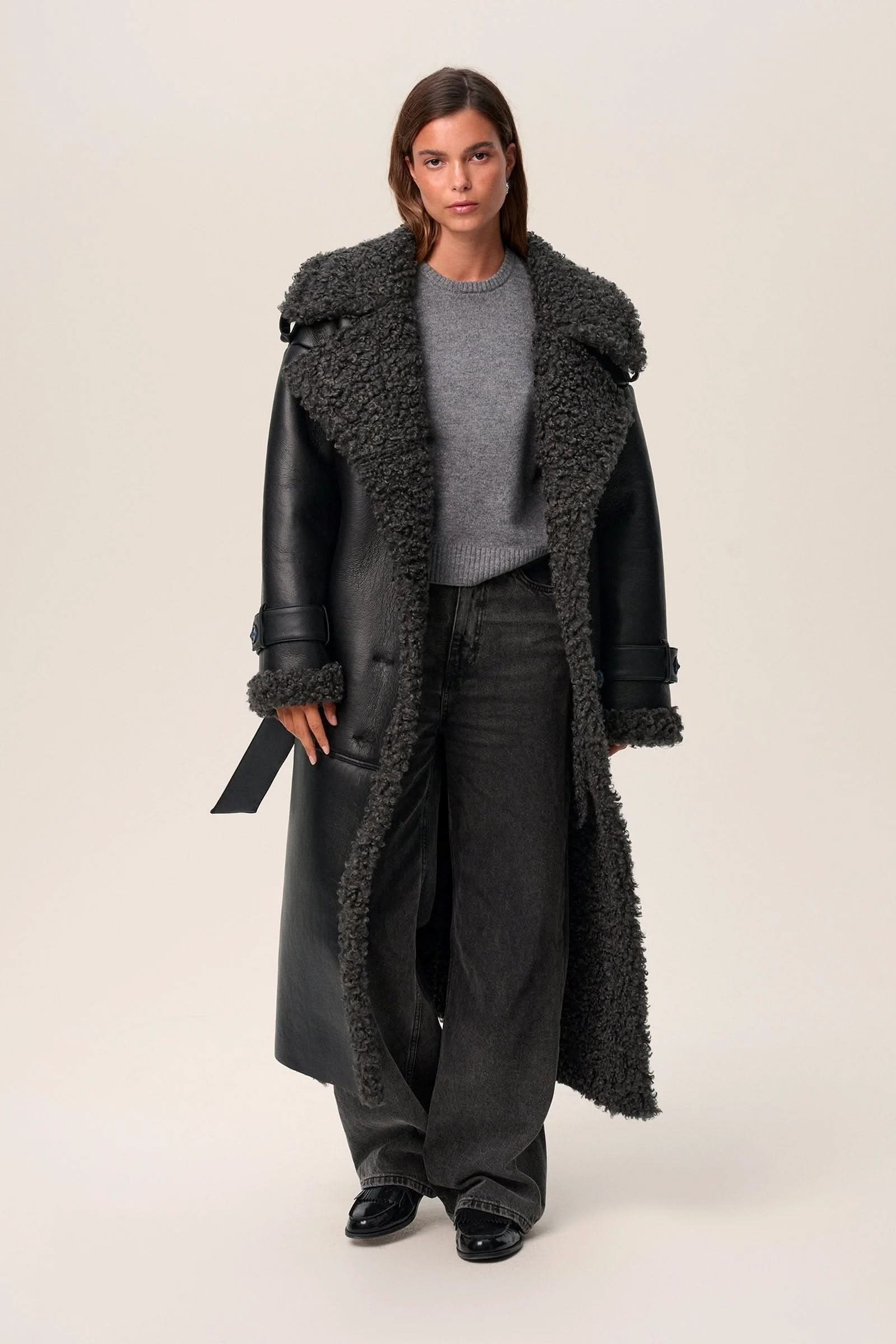 Black leather cropped coat with charcoal fleece trim, open front with tie belt detail