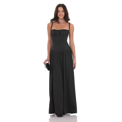 Black satin maxi dress with square neckline and fitted bodice