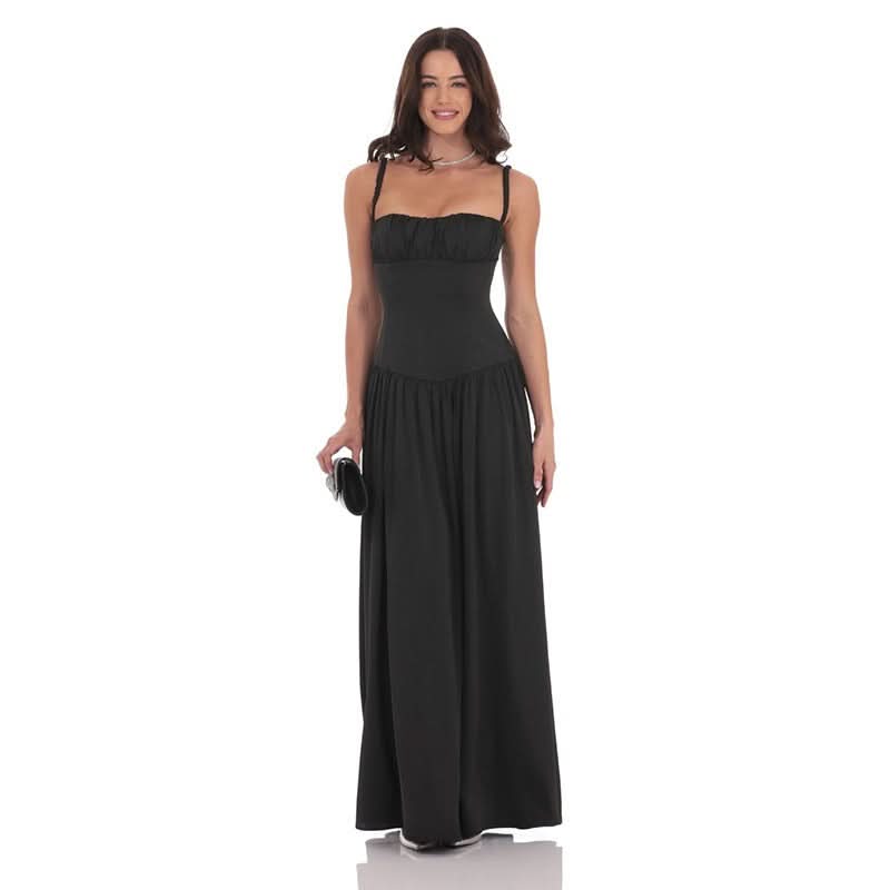 Black satin maxi dress with square neckline and fitted bodice