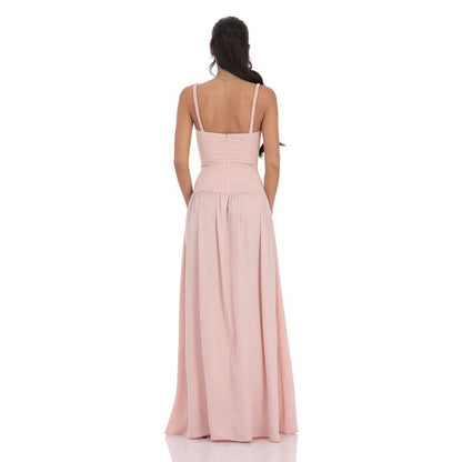 Back view of blush pink maxi dress with thin straps
