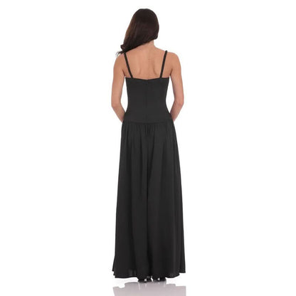 Back view of black satin maxi dress with gathered skirt