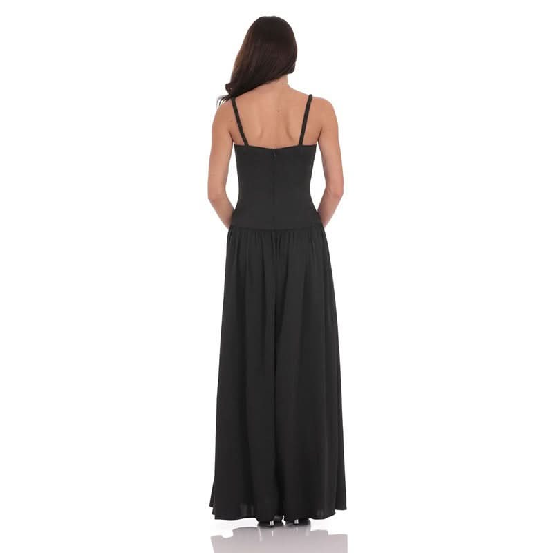 Back view of black satin maxi dress with gathered skirt