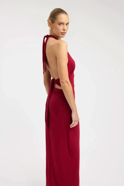 Burgundy halter maxi dress with open back and tie detail