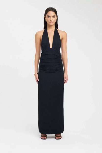 Black halter maxi dress with plunging neckline and gathered bodice