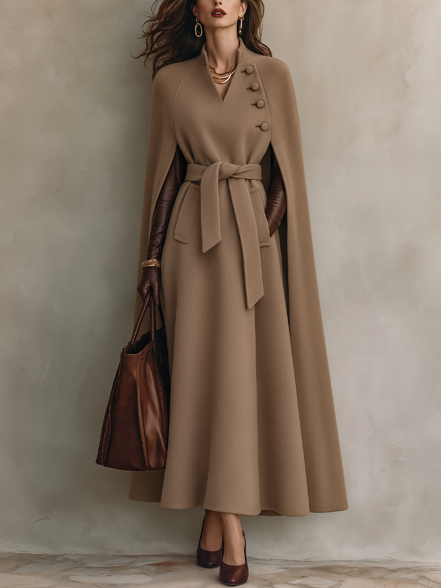 LUMINA | BELTED CAPE MAXI COAT - Camel
