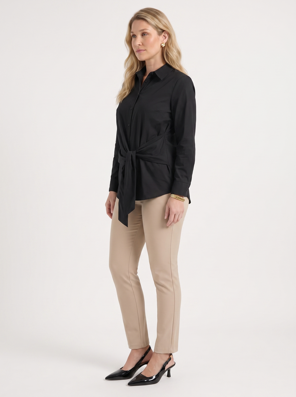 LYDIE | TIE FRONT BUTTON UP BLOUSE - Black