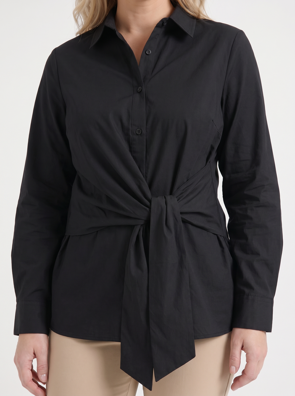 LYDIE | TIE FRONT BUTTON UP BLOUSE - Black