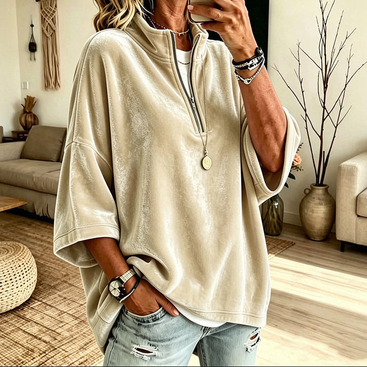 LYSETTE | HALF-ZIP FUNNEL NECK VELOUR PULLOVER - Beige
