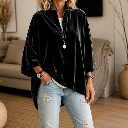 LYSETTE | HALF-ZIP FUNNEL NECK VELOUR PULLOVER - Black