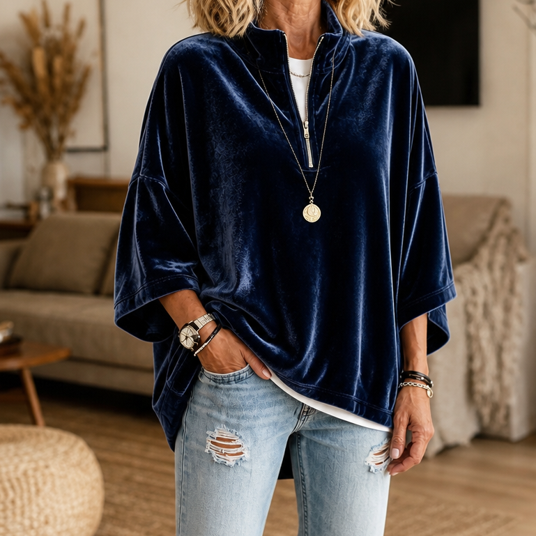LYSETTE | HALF-ZIP FUNNEL NECK VELOUR PULLOVER - Navy