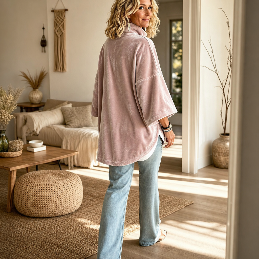 LYSETTE | HALF-ZIP FUNNEL NECK VELOUR PULLOVER - Pink