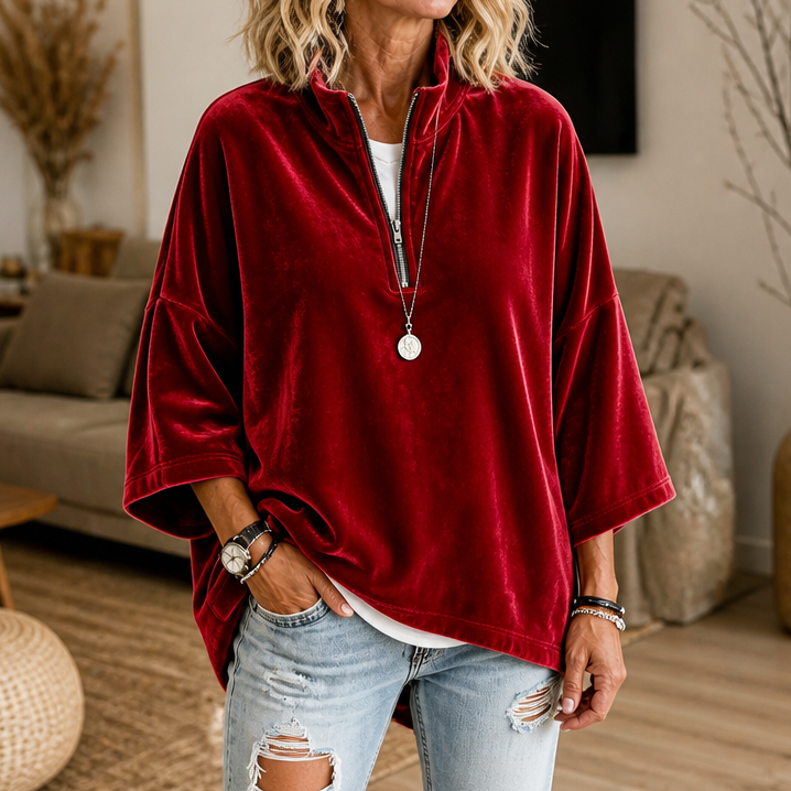 LYSETTE | HALF-ZIP FUNNEL NECK VELOUR PULLOVER - Red