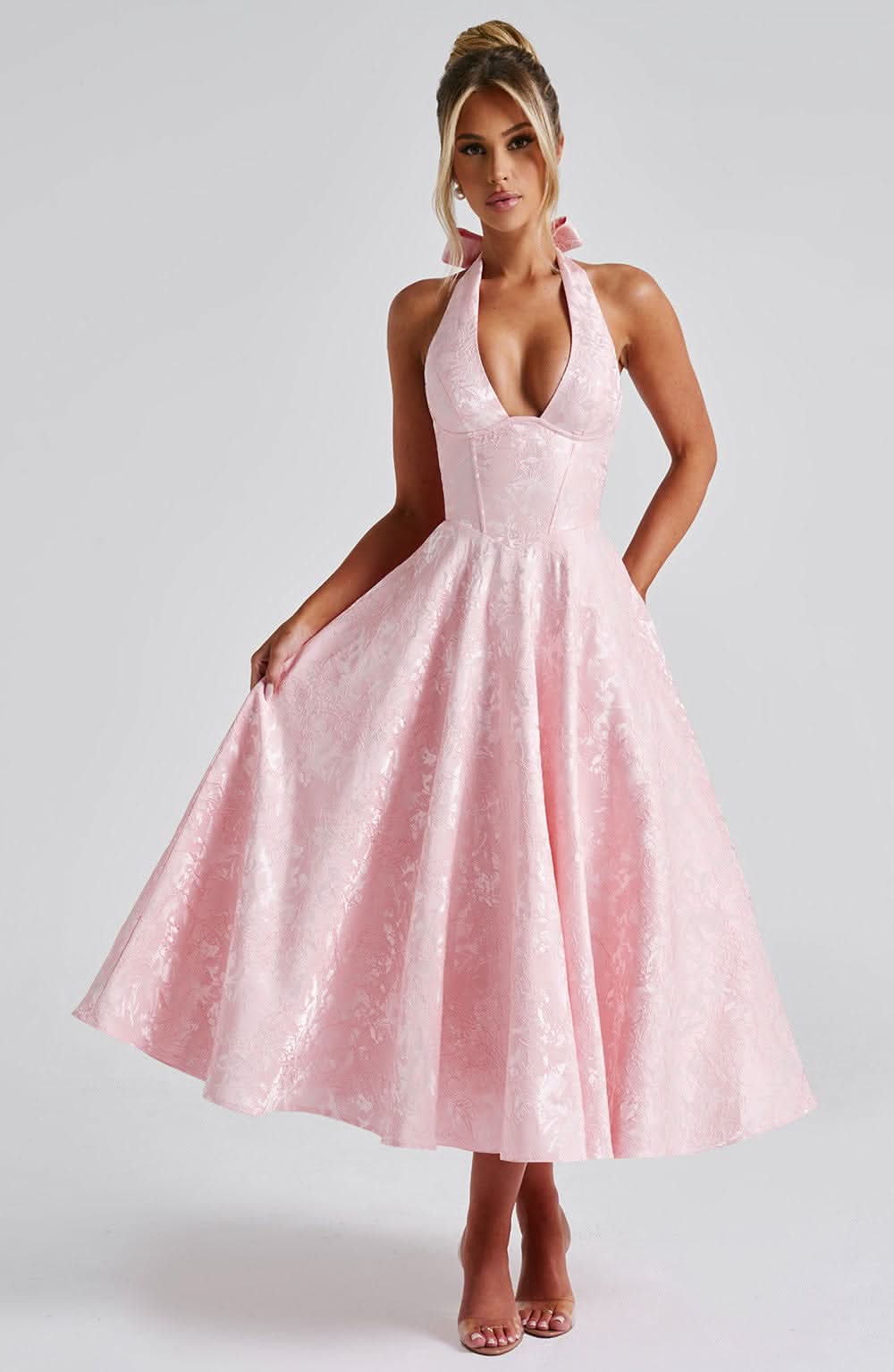 Blush pink jacquard halter midi dress with full A-line skirt and pockets
