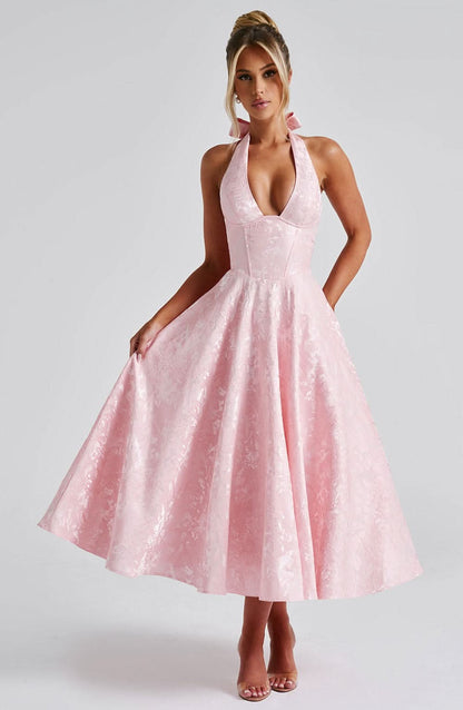 Blush pink jacquard halter midi dress with full A-line skirt and pockets