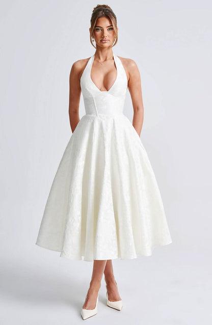 Ivory textured halter midi dress with sweetheart neckline and full skirt