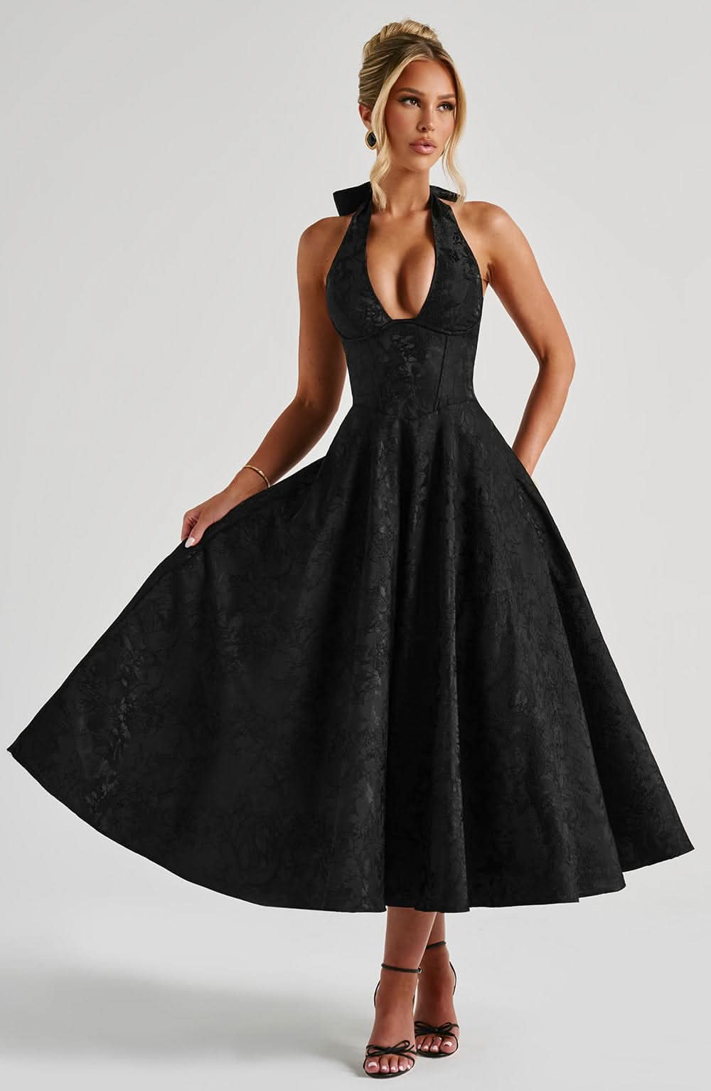 Black damask halter midi dress with full skirt and side pockets