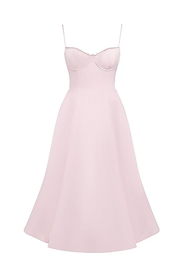 Front view of blush pink midi dress with sweetheart bustier and A-line skirt