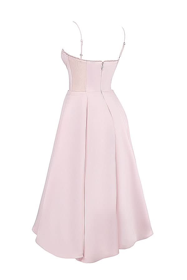 Front view of blush pink midi dress with sweetheart bustier and A-line skirt