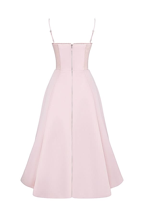 Rear view of blush pink midi dress with structured sweetheart neckline and full skirt