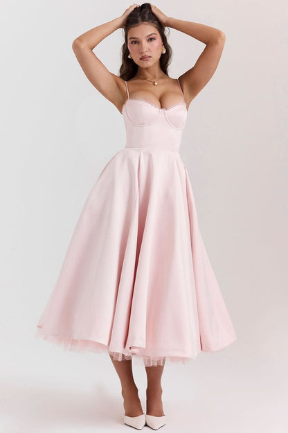 Pink midi dress with structured bustier top and full tulle skirt